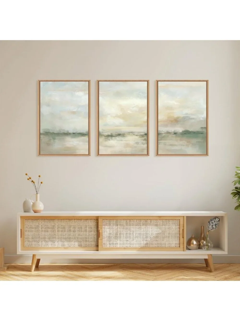 Large Abstract Green Gray Pastel Framed Canvas Art - Modern Watercolor Landscape